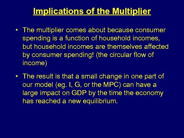 Implications of the Multiplier • The multiplier comes about because consumer spending is a