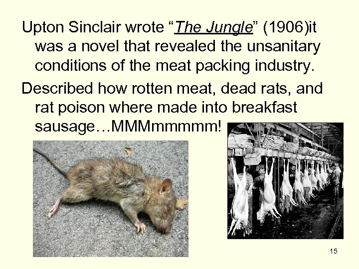 Upton Sinclair wrote “The Jungle” (1906)it was a novel that revealed the unsanitary conditions