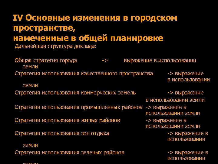 IV Основные изменения в городском пространстве, намеченные в общей планировке Дальнейшая структура доклада: Общая