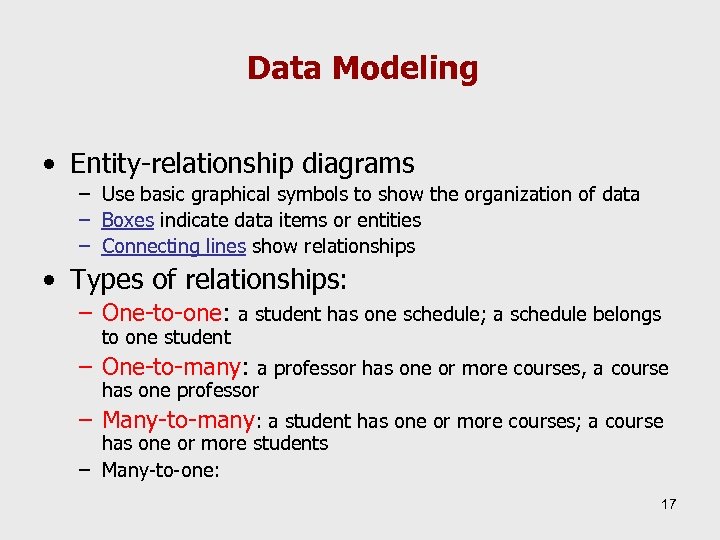 Data Modeling • Entity-relationship diagrams – Use basic graphical symbols to show the organization