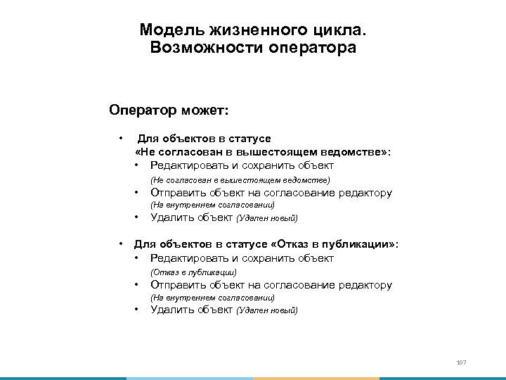 Модель жизненного цикла. Возможности оператора Оператор может: • Для объектов в статусе «Не согласован