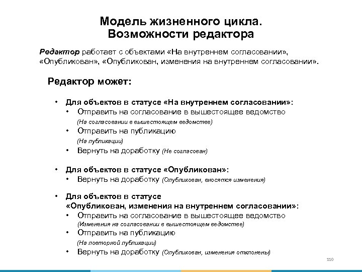 Модель жизненного цикла. Возможности редактора Редактор работает с объектами «На внутреннем согласовании» , «Опубликован,