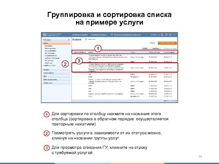 Группировка и сортировка списка на примере услуги 1 2 3 1 Для сортировки по