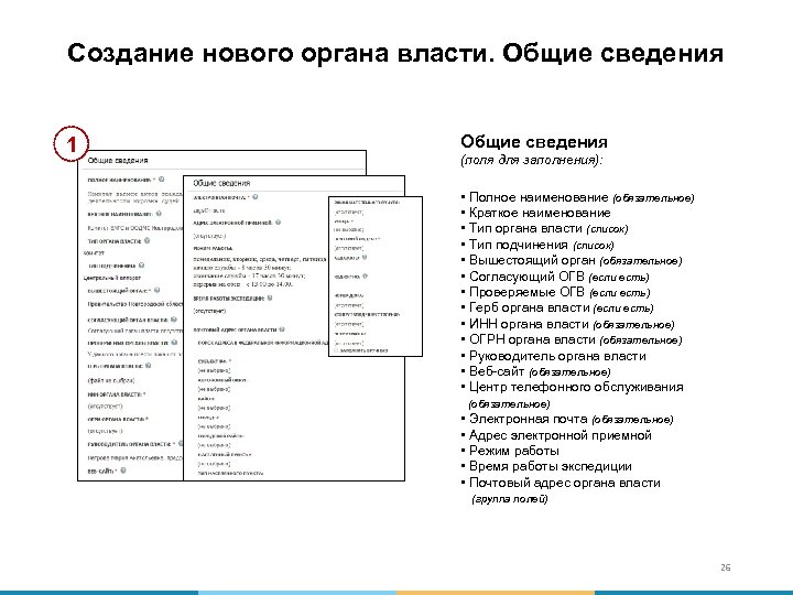 Создание нового органа власти. Общие сведения 1 Общие сведения (поля для заполнения): • Полное