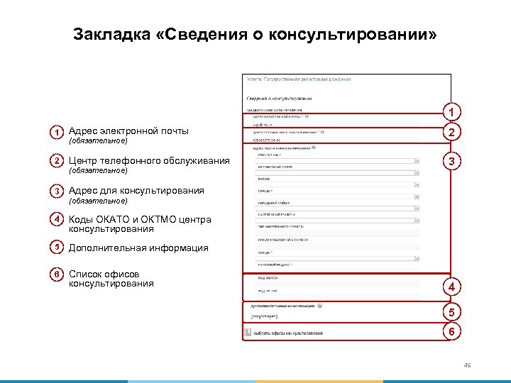 Закладка «Сведения о консультировании» 1 1 Адрес электронной почты 2 Центр телефонного обслуживания (обязательное)