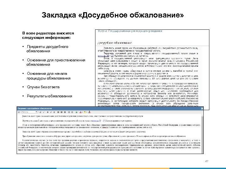 Закладка «Досудебное обжалование» В поле редактора вносится следующая информация: • Предметы досудебного обжалования •