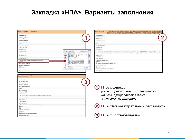 Закладка «НПА» . Варианты заполнения 2 1 3 1 НПА «Кодекс» (если не указан