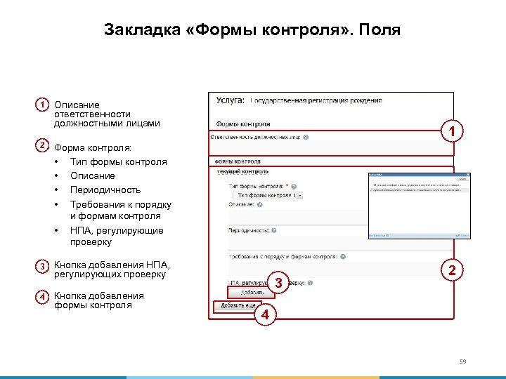 Закладка «Формы контроля» . Поля 1 Описание ответственности должностными лицами 2 Форма контроля: •