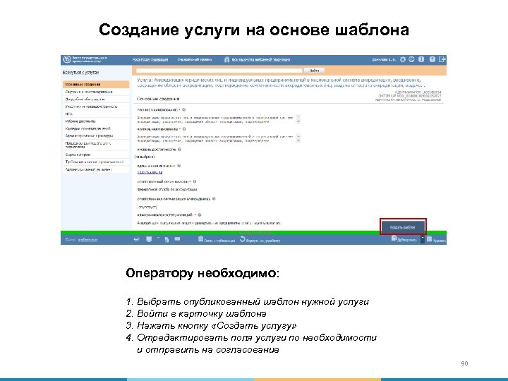 Создание услуги на основе шаблона Оператору необходимо: 1. Выбрать опубликованный шаблон нужной услуги 2.