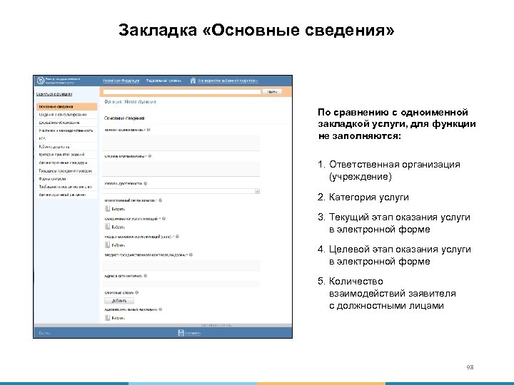 Закладка «Основные сведения» По сравнению с одноименной закладкой услуги, для функции не заполняются: 1.