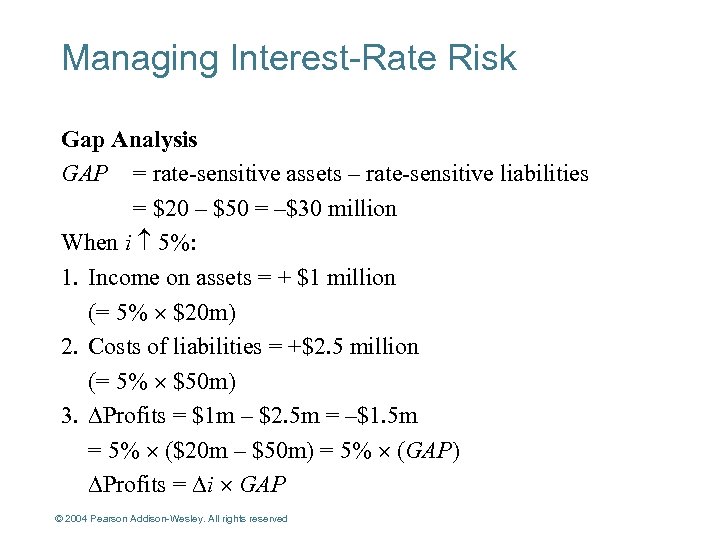 Managing Interest-Rate Risk Gap Analysis GAP = rate-sensitive assets – rate-sensitive liabilities = $20