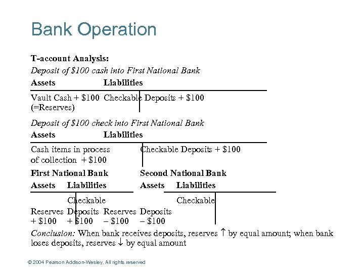 Bank Operation T-account Analysis: Deposit of $100 cash into First National Bank Assets Liabilities