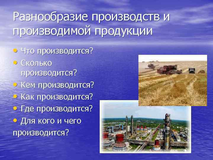 Разнообразие производств и производимой продукции • Что производится? • Сколько производится? • Кем производится?