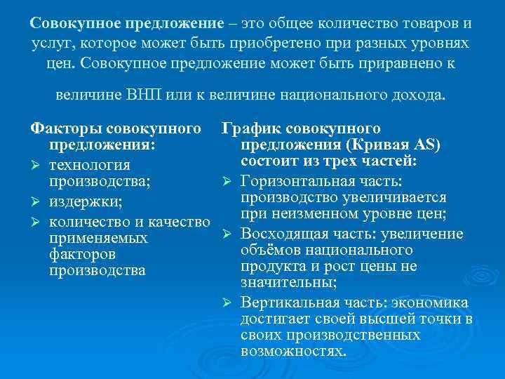 Совокупное предложение – это общее количество товаров и услуг, которое может быть приобретено при