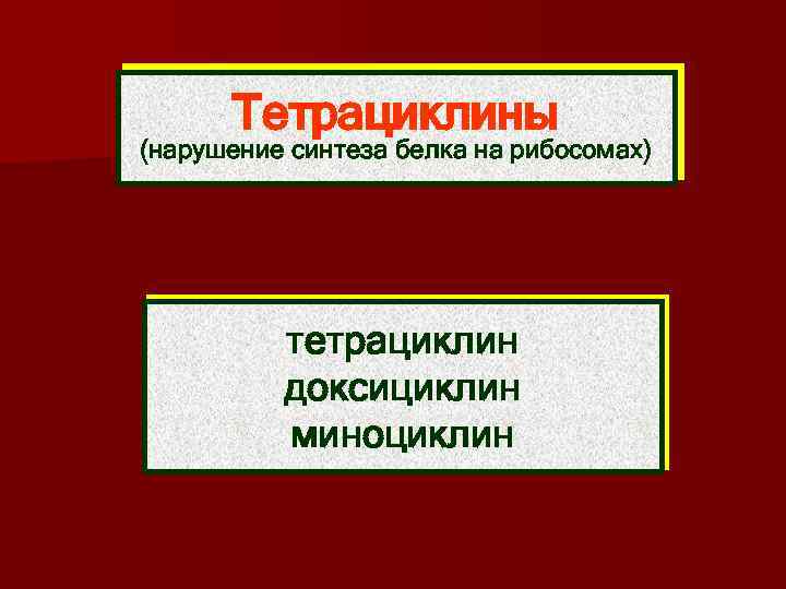 Тетрациклины (нарушение синтеза белка на рибосомах) тетрациклин доксициклин миноциклин 