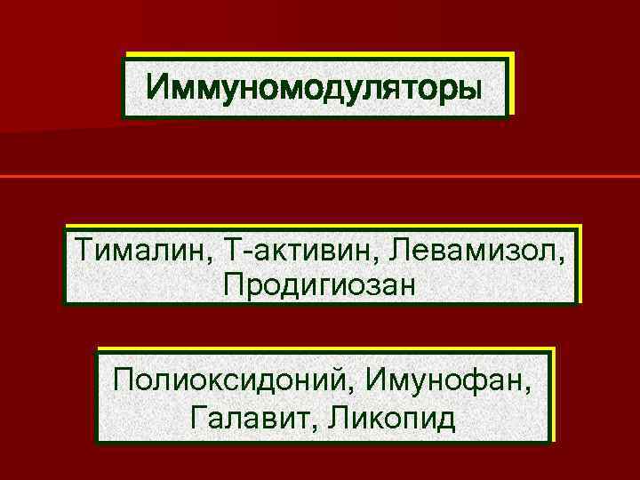 Иммуномодуляторы Тималин, Т-активин, Левамизол, Продигиозан Полиоксидоний, Имунофан, Галавит, Ликопид 