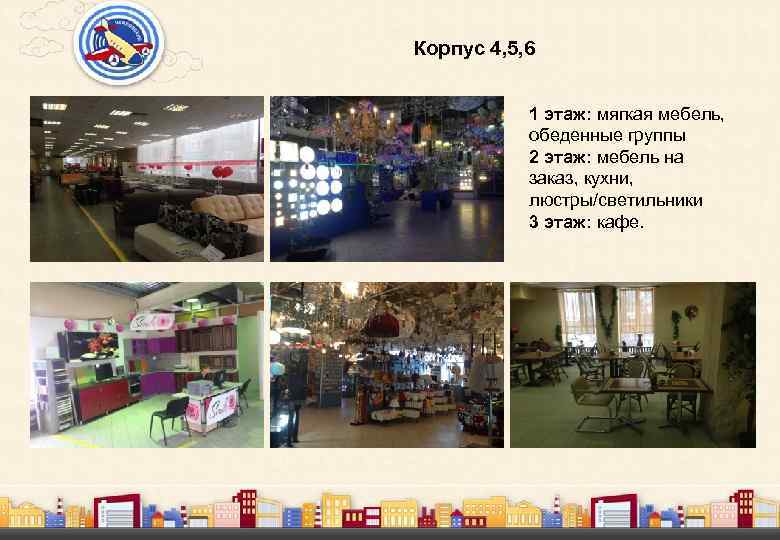 Корпус 4, 5, 6 1 этаж: мягкая мебель, обеденные группы 2 этаж: мебель на