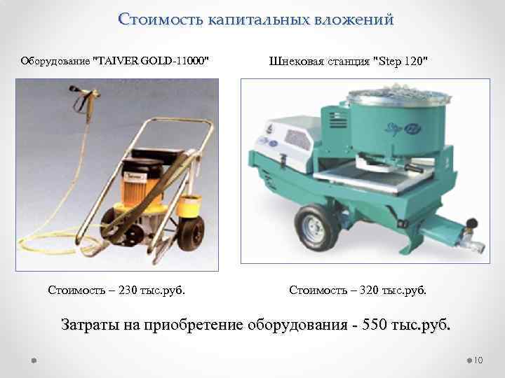 Стоимость капитальных вложений Оборудование "TAIVER GOLD-11000" Стоимость – 230 тыс. руб. Шнековая станция "Step