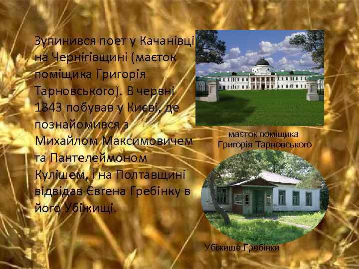 Зупинився поет у Качанівці на Чернігівщині (маєток поміщика Григорія Тарновського). В червні 1843 побував