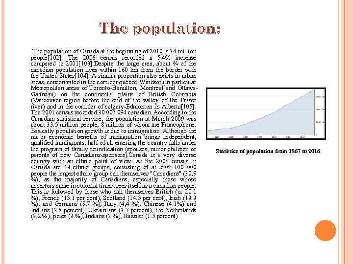 The population: The population of Canada at the beginning of 2010 is 34 million