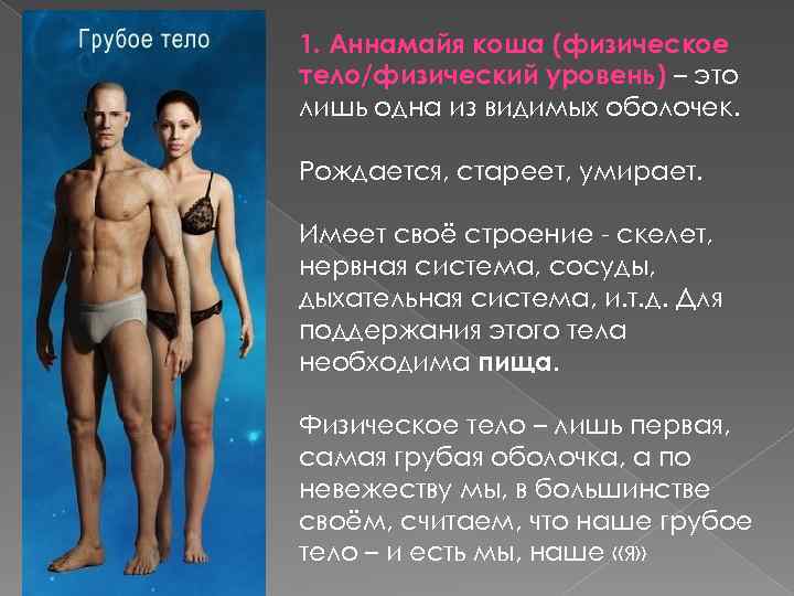 1. Аннамайя коша (физическое тело/физический уровень) – это лишь одна из видимых оболочек. Рождается,