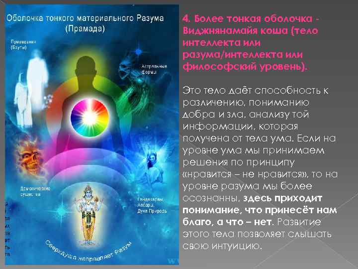 4. Более тонкая оболочка Виджнянамайя коша (тело интеллекта или разума/интеллекта или философский уровень). Это