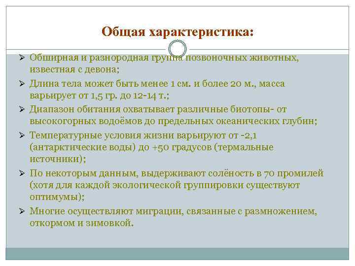 Общая характеристика: Ø Обширная и разнородная группа позвоночных животных, Ø Ø Ø известная с