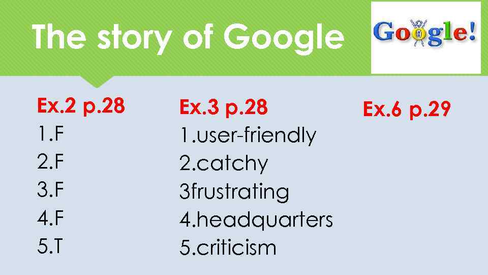 The story of Google Ex. 2 p. 28 1. F 2. F 3. F