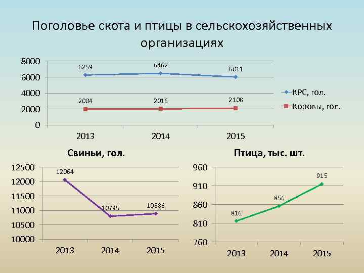 Поголовье скота и птицы в сельскохозяйственных организациях 8000 6259 6462 2004 2016 2108 2013