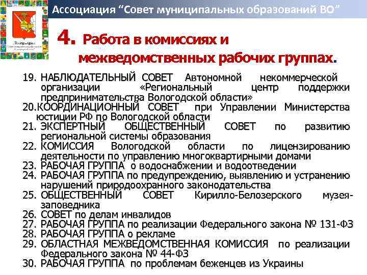 Ассоциация “Совет муниципальных образований ВО” 4. Работа в комиссиях и межведомственных рабочих группах. 19.