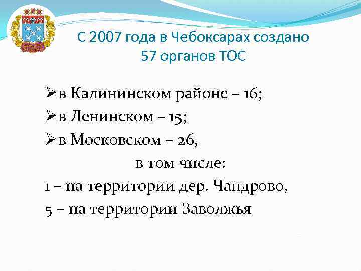 С 2007 года в Чебоксарах создано 57 органов ТОС Ø в Калининском районе –