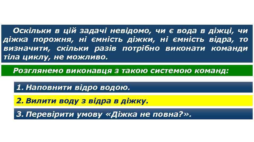 Цикли з умовою Оскільки в цій задачі невідомо, чи є вода в діжці, чи