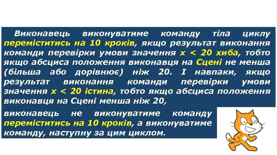 Цикли з умовою Виконавець виконуватиме команду тіла циклу переміститись на 10 кроків, якщо результат