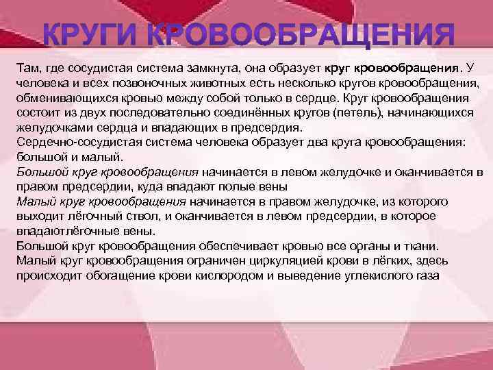 Там, где сосудистая система замкнута, она образует круг кровообращения. У человека и всех позвоночных