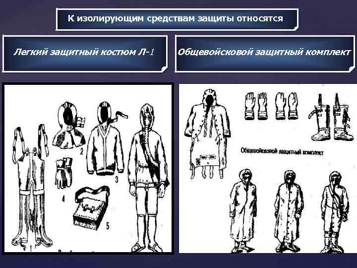 К изолирующим средствам защиты относятся Легкий защитный костюм Л-1 Общевойсковой защитный комплект 