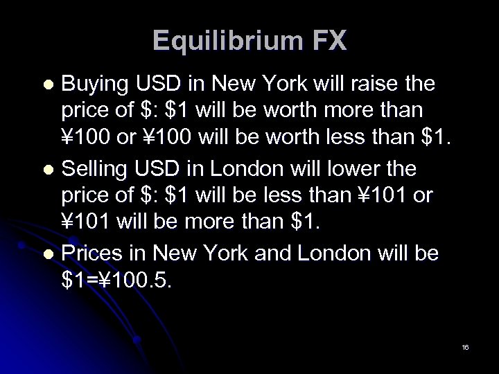 Equilibrium FX Buying USD in New York will raise the price of $: $1