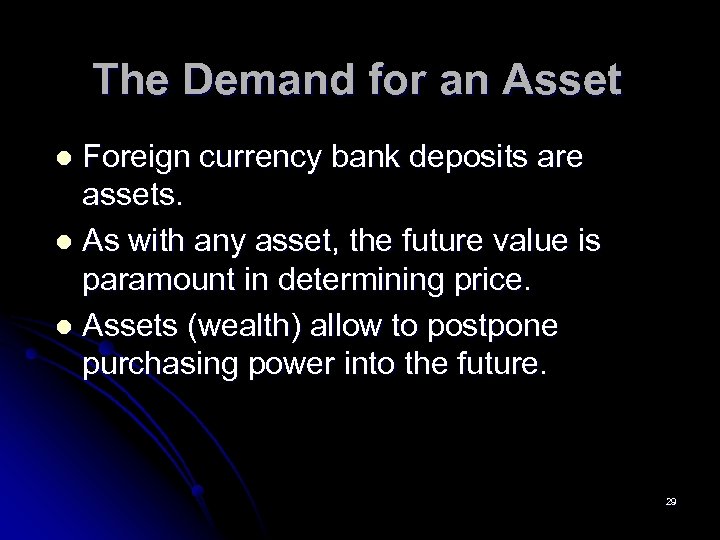The Demand for an Asset Foreign currency bank deposits are assets. l As with