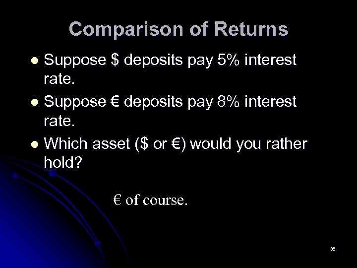 Comparison of Returns Suppose $ deposits pay 5% interest rate. l Suppose € deposits