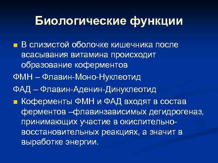 Биологические функции В слизистой оболочке кишечника после всасывания витамина происходит образование коферментов ФМН –