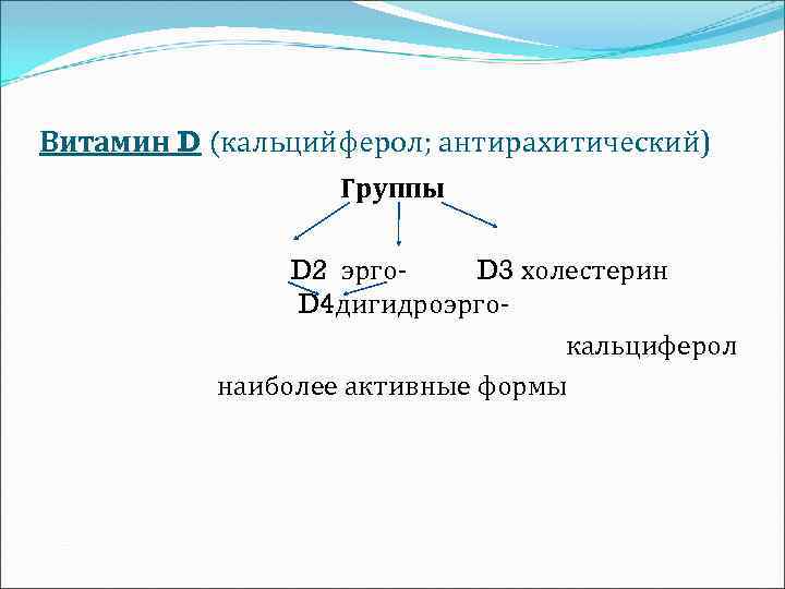 Витамин D (кальцийферол; антирахитический) Группы D 2 эрго. D 3 холестерин D 4 дигидроэргокальциферол