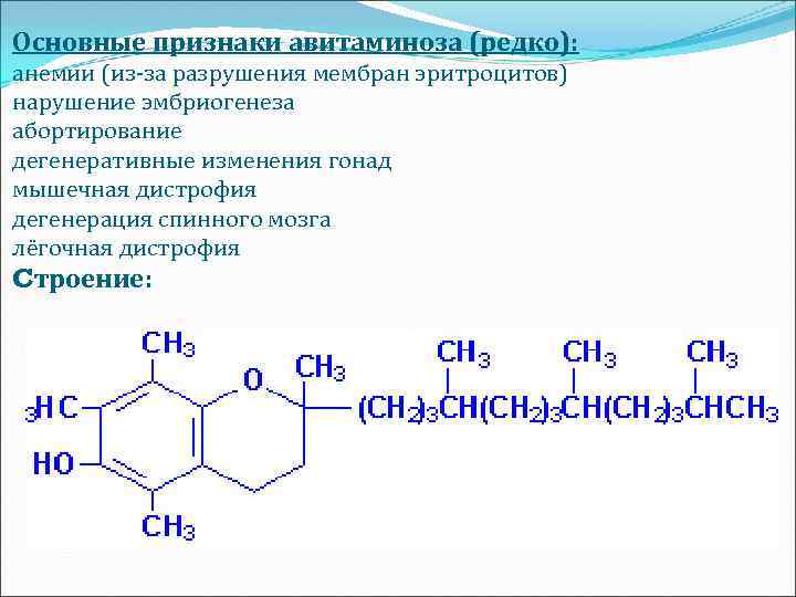 Основные признаки авитаминоза (редко): анемии (из-за разрушения мембран эритроцитов) нарушение эмбриогенеза абортирование дегенеративные изменения