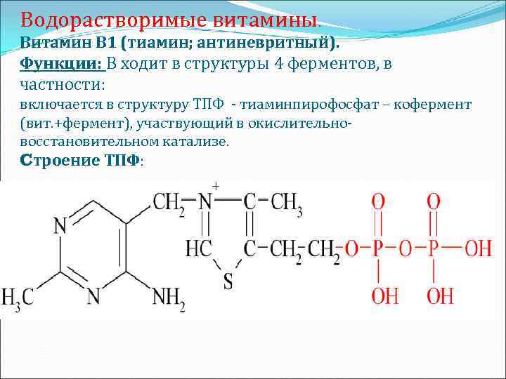 Водорастворимые витамины. Витамин В 1 (тиамин; антиневритный). Функции: В ходит в структуры 4 ферментов,