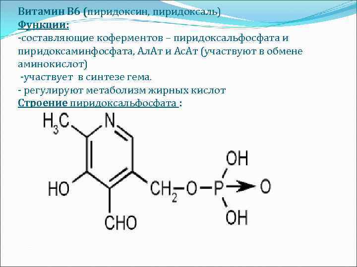 Витамин В 6 (пиридоксин, пиридоксаль) Функции: -составляющие коферментов – пиридоксальфосфата и пиридоксаминфосфата, Ал. Ат