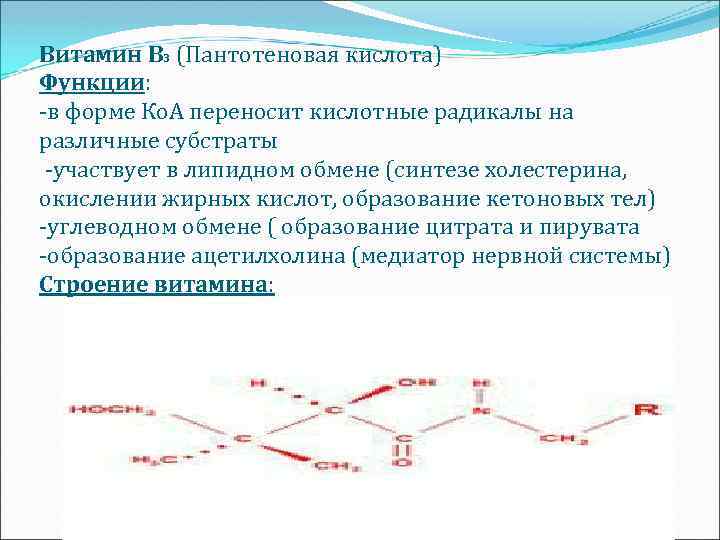 Витамин В 3 (Пантотеновая кислота) Функции: -в форме Ко. А переносит кислотные радикалы на