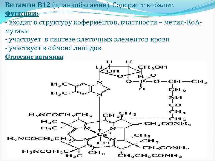 Витамин В 12 (цианкобаламин). Содержит кобальт. Функции: - входит в структуру коферментов, вчастности –