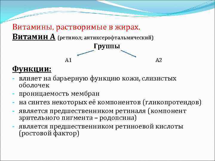 Витамины, растворимые в жирах. Витамин А (ретинол; антиксерофтальмический) Группы А 1 А 2 Функции: