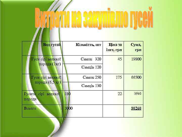 Вид гусей Кількість, шт Ціна за 1 шт, грн Сума, грн Гуси сірі великої