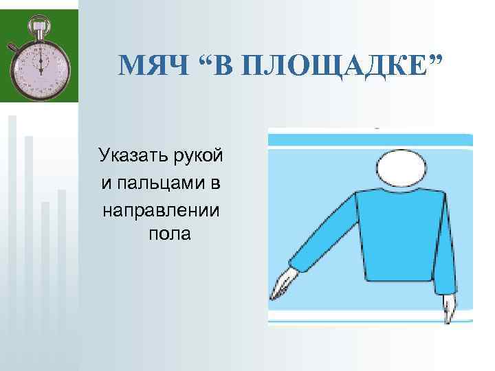 МЯЧ “В ПЛОЩАДКЕ” Указать рукой и пальцами в направлении пола 