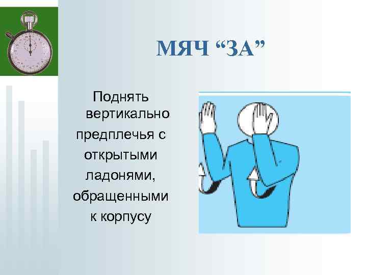 МЯЧ “ЗА” Поднять вертикально предплечья с открытыми ладонями, обращенными к корпусу 