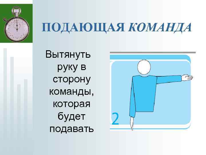 ПОДАЮЩАЯ КОМАНДА Вытянуть руку в сторону команды, которая будет подавать 